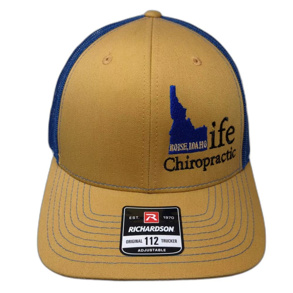 Richardson 112 Trucker Hat Gold Blue Boise Idaho Life Chiropractic OS Adjustable
